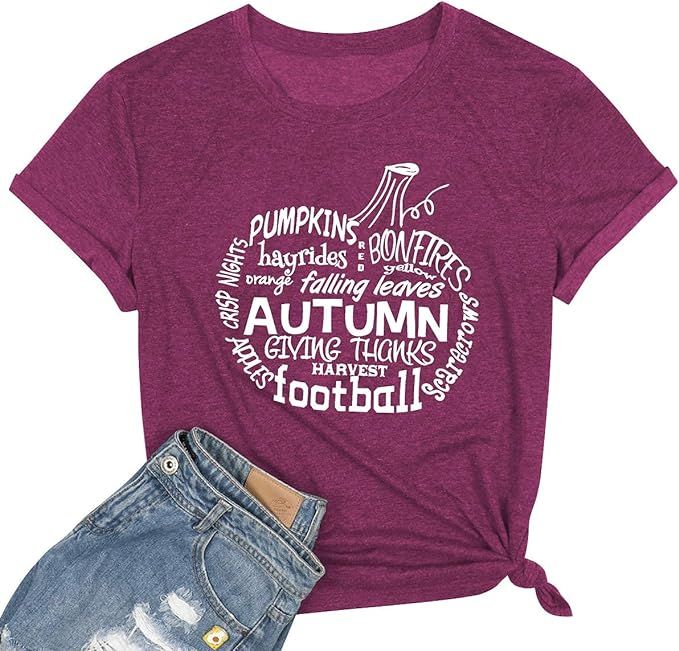 Pumpkin Hayrides Apple Cider Tshirt for Women Falling Leaves Letter Printed Tee Thanksgiving Shor... | Amazon (US)