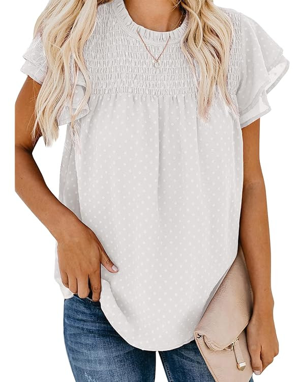 Dokotoo Womens Crewneck Lace Crochet Pom Pom Flowy Short Sleeve Casual Shirts Blouses Tops | Amazon (US)