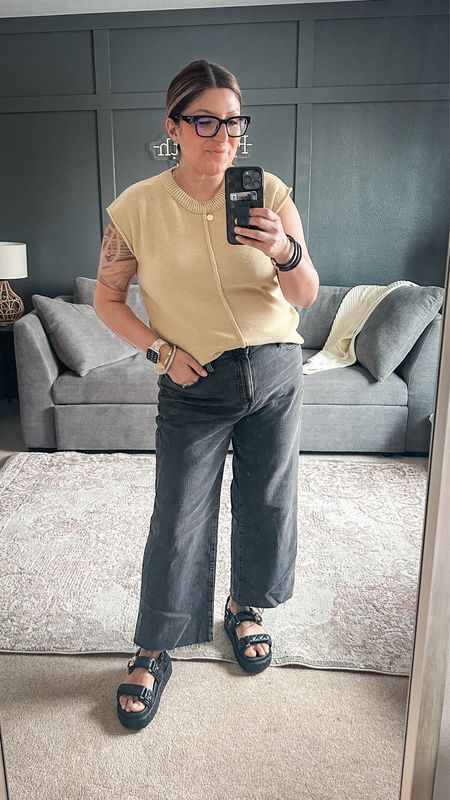 Ootd. Amazon cropped sleeve sweater (XL), Madewell wide leg cropped jeans (3). Sold out but I linked similar more affordable options. Steve Madden sandals  

#LTKmidsize #LTKshoecrush #LTKover40
