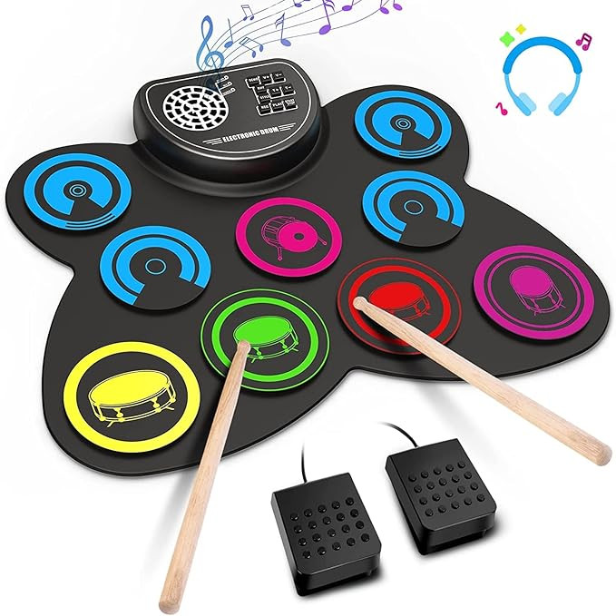 Electronic Drum Set, 9-Pads Roll-Up Drum Pad Electric Drum Set with Headphone Jack Built-in Speak... | Amazon (US)