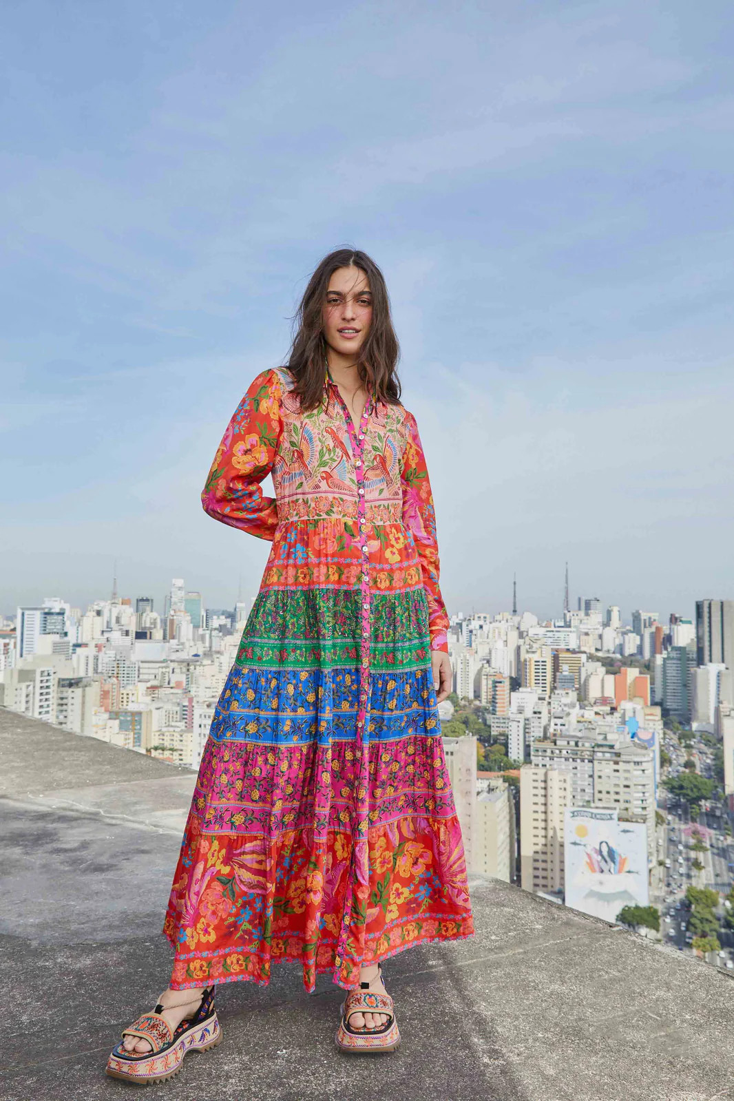 MIXED BORDER PRINTS LONG SLEEVE MAXI DRESS | FarmRio (US)