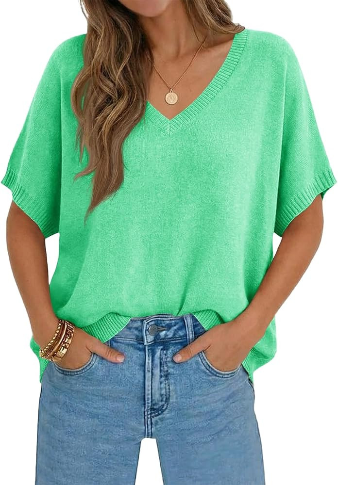 Saodimallsu Womens Oversized Sweaters Batwing Short Sleeve Lightweight V Neck Casual Summer Knit ... | Amazon (US)