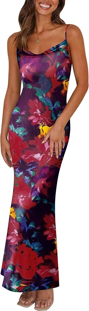 PRETTYGARDEN Women's 2024 Summer Floral Spaghetti Strap Maxi Dress Stretch Sexy Bodycon Dress Bac... | Amazon (US)