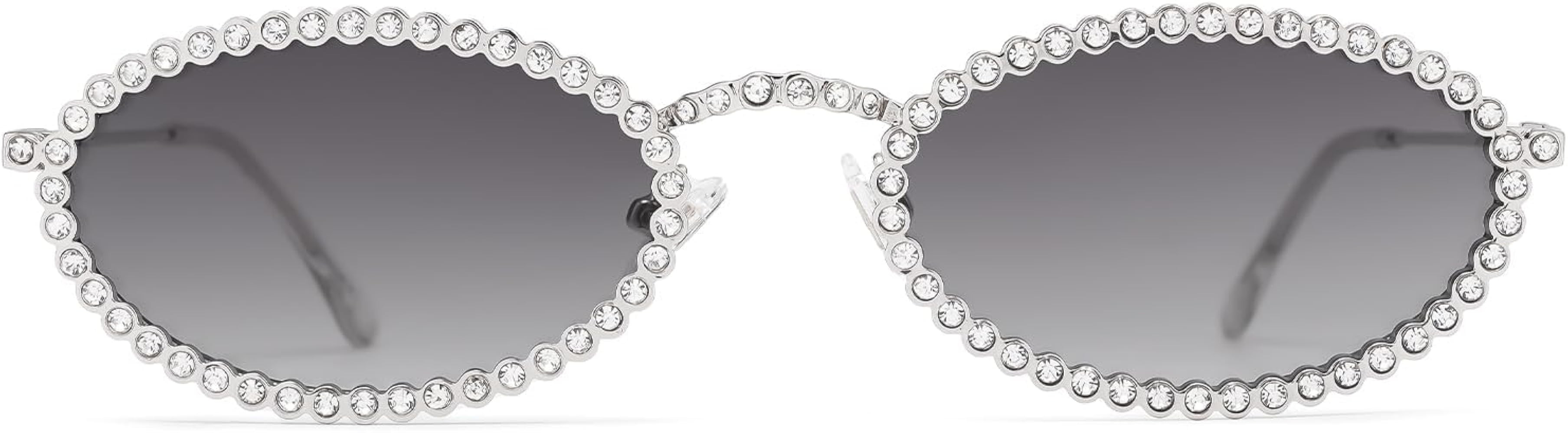 SOJOS Retro Oval Rhinestone Skinny Sunglasses for Women 90s Styles Bling Hippie Disco Trendy Sun ... | Amazon (US)