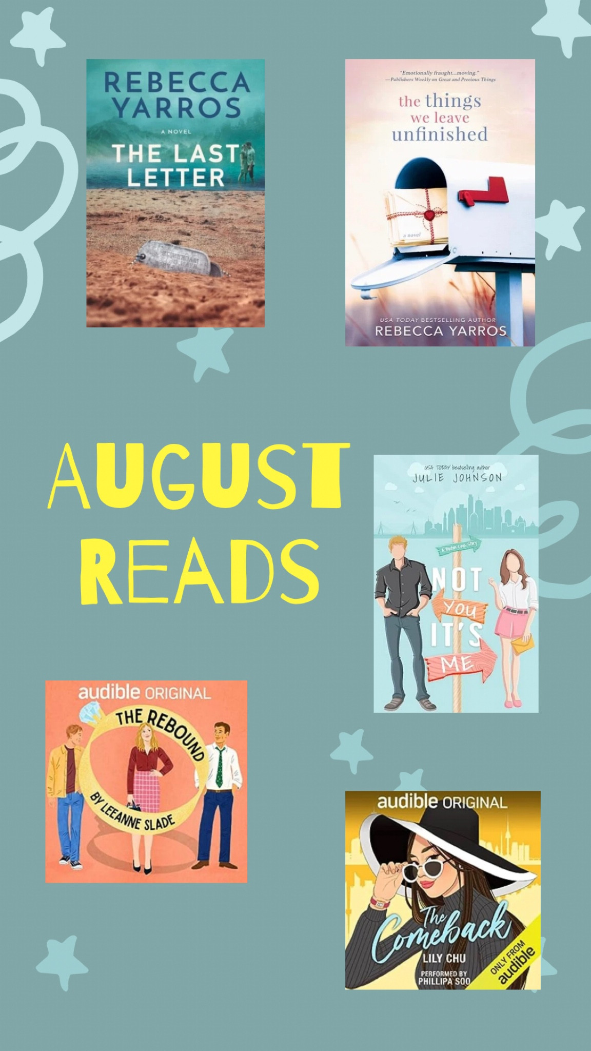 Beach reads
Book club picks 
Romance
Audio books

#LTKhome #LTKtravel