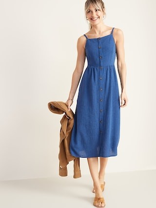 Waist-Defined Square-Neck Button-Front Midi Dress for Women | Old Navy US