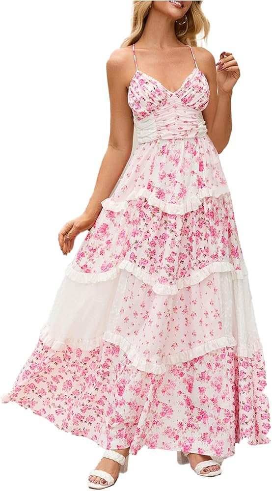 Women Floral Patchwork Maxi Dress V Neck Sleeveless Cross Back Spaghetti Strap Tiered Sundress Su... | Amazon (US)