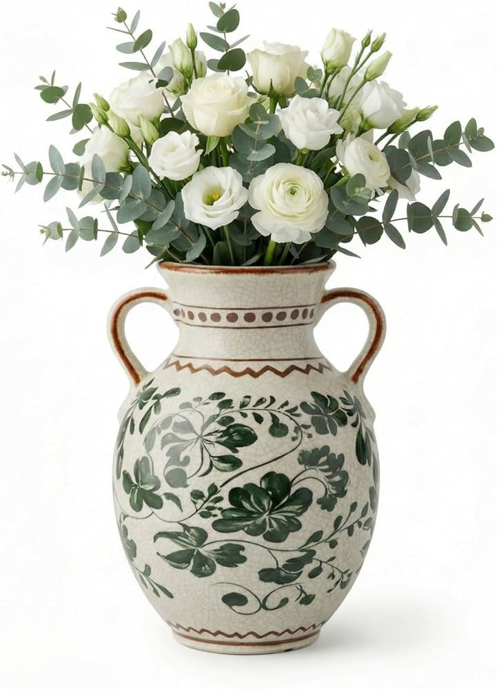 EFISPSS Ceramic Vintage Vase Decorative Spring Decor Chinese Crackle Floral Handle for Dining Roo... | Amazon (US)