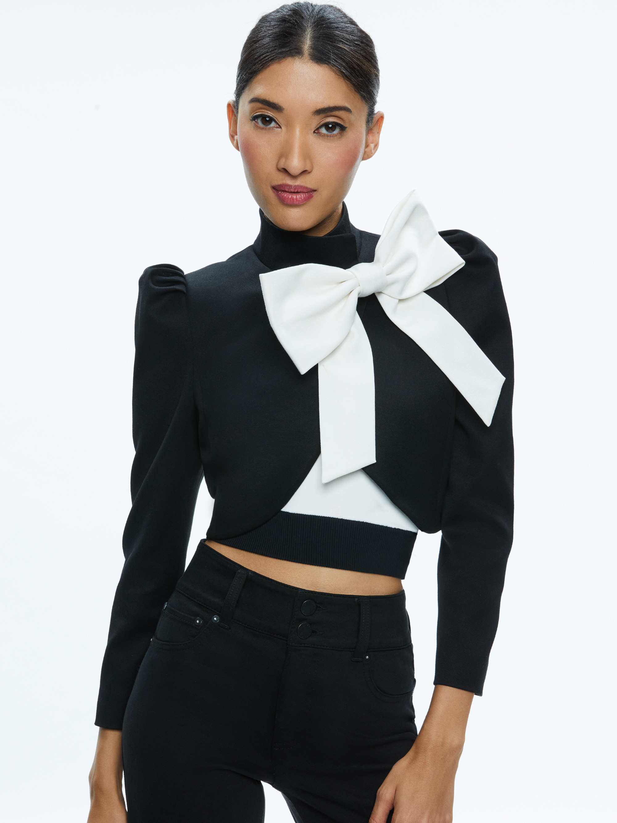 ADDISON BOW COLLAR CROPPED JACKET | Alice + Olivia