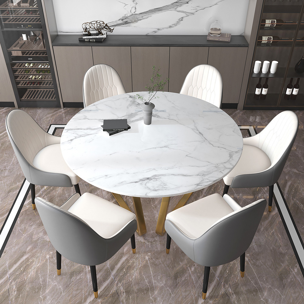 59'' White Modern Round Faux Marble Dining Table Stainless Steel Base for 8 Seaters | Homary