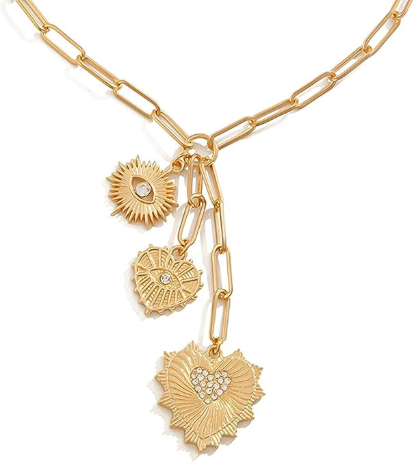 HETICA Chunky Gold Necklace for Women - Evil Eye Heart Charm Necklace Zirconia Charm Necklace Fas... | Amazon (US)