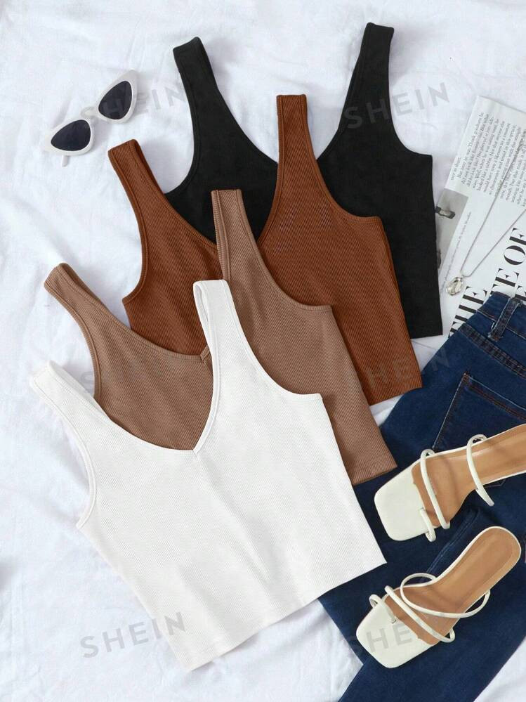 SHEIN Essnce Solid Color Knitted Women Simple Top, Suitable For Daily Or Vacation | SHEIN