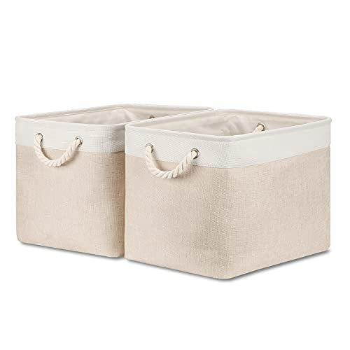 Bidtakay Beige Storage Basket Large Fabric Cloth Baskets [2-Pack] Tall Rectangular Shelf Baskets 16X11.8X11.8 in Canvas Collapsible Storage Bins with Handles for Organizing Living Room(White&Beige) | Amazon (US)