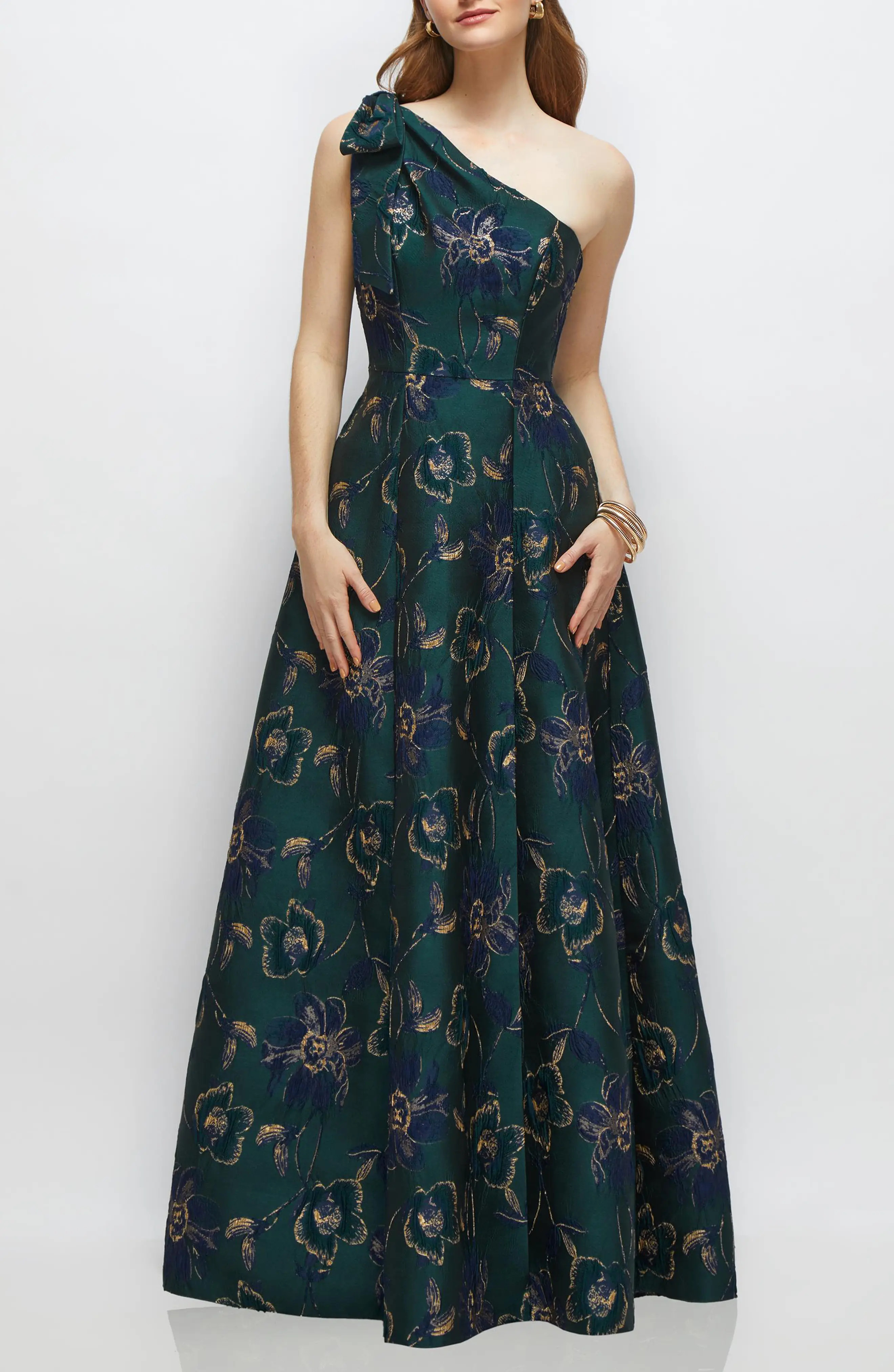 Alfred Sung One-Shoulder Metallic Jacquard Trumpet Gown in Evergreen Floral at Nordstrom, Size 18 | Nordstrom