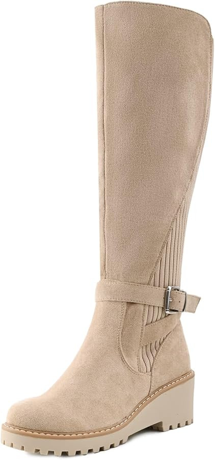 Women's Knee High Boots Tall Fall Wedges Round Toe Comfortable Size Zip with Fashion Buckles Plat... | Amazon (US)
