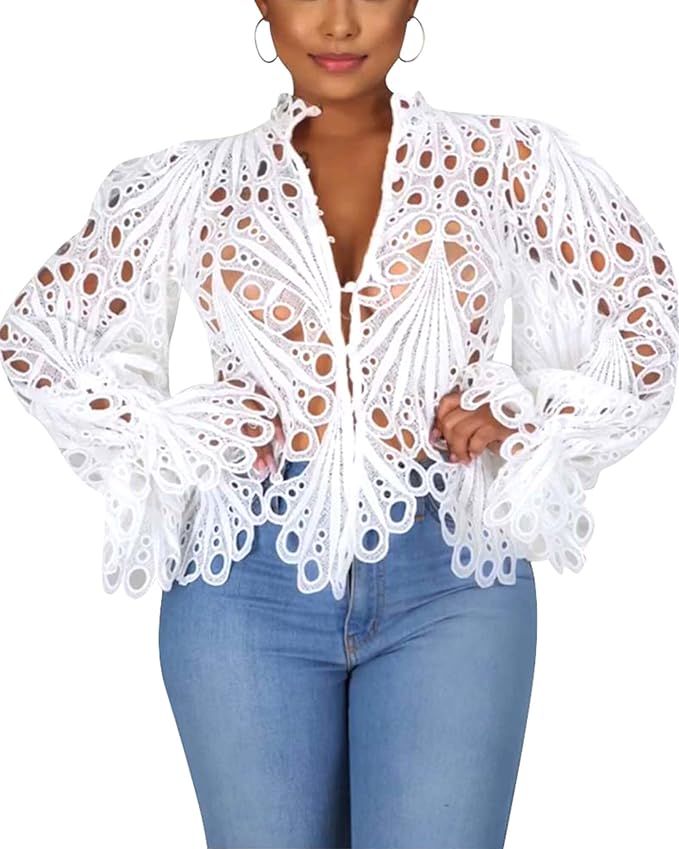 Doweha Women’s Sexy Ruffle Long Sleeve Summer Lace Tops 2023 Puff Flare Shirt V Neck Hollow Out... | Amazon (US)