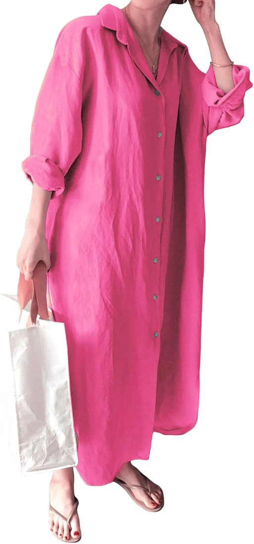 GGUHHU Womens Chic Button Down Rolled-Up Sleeve Long Cotton Blouse Maxi Dress | Amazon (US)