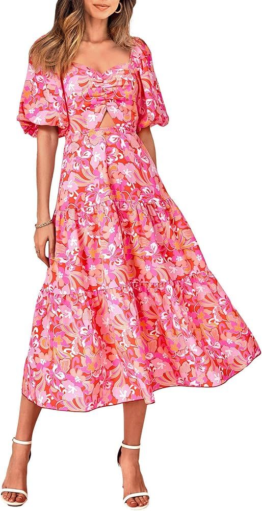 BTFBM Women Summer Dresses 2024 Casual Flowy Beach Square Neck Puff Short Sleeve Smocked Back Boh... | Amazon (US)