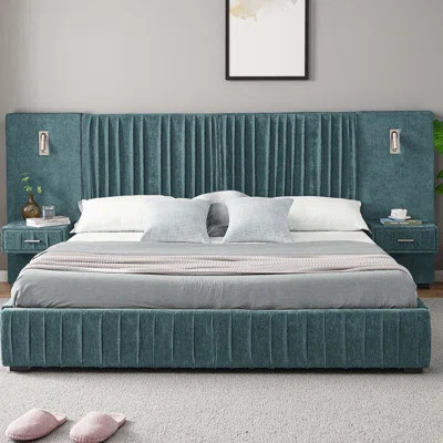 Queen Size Upholstered Platform Bed with Headboard & Built-in Nightstand, Chenille Fabric Bed Frame with Adjustable Bedside Lamps and Storage, No Box | Wayfair North America