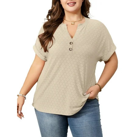 Cuteduck Womens Plus Size Short Sleeve Henley V-Neck Button Top Lace Textured Blouse 1X-5X | Walmart (US)