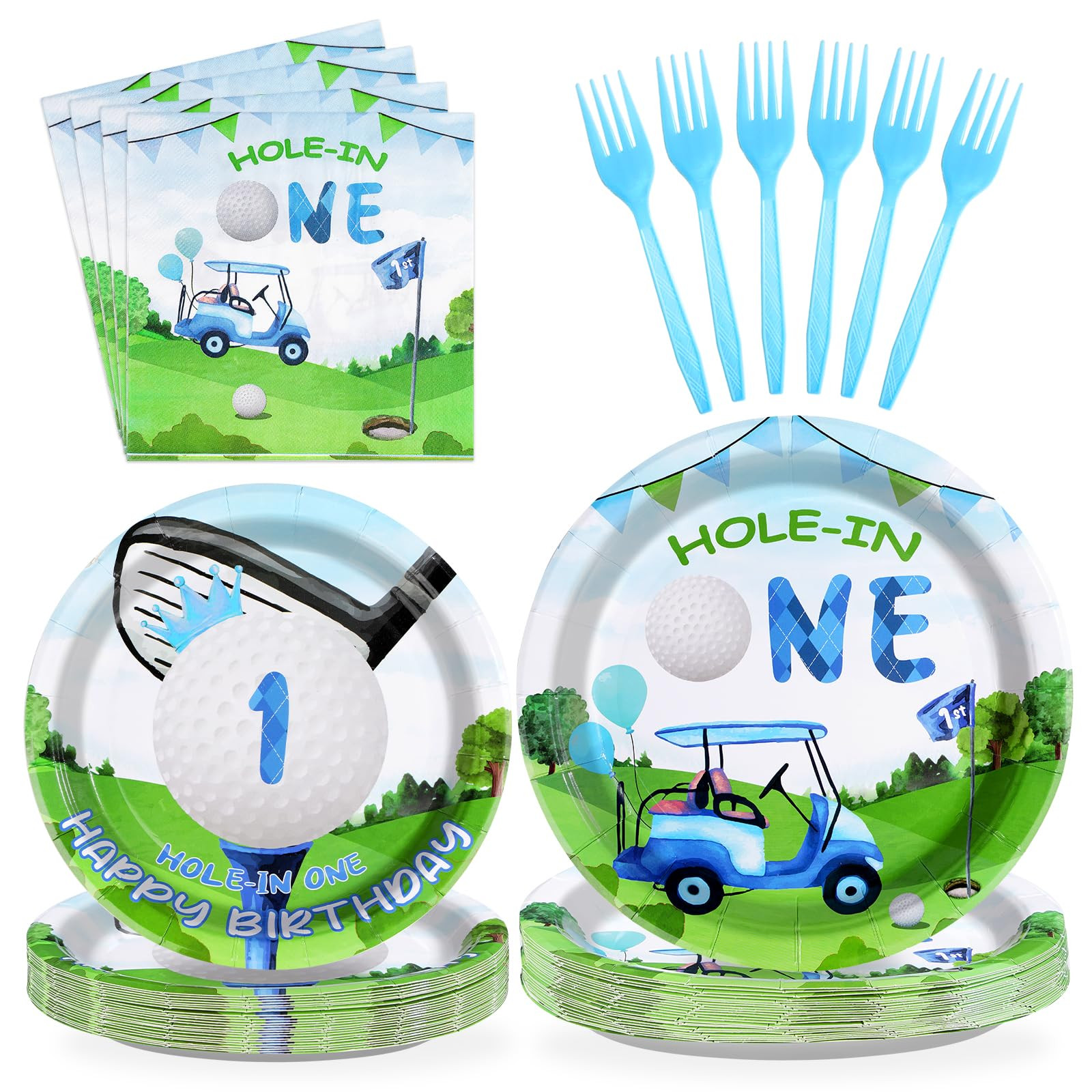 Grencian 96 Pcs Golf First Birthday Party Supplies Hole In One Plates and Napkins Forks Tableware... | Amazon (US)