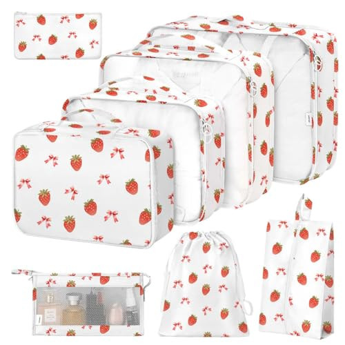 8 Set Packing Cubes for Suitcases,Packing Cube with Shoe, Cosmetics, Clothing, and Accessories Bags Packing Cubes for Travel Luggage Organizer Women Men(Strawberry Bows) | Amazon (US)
