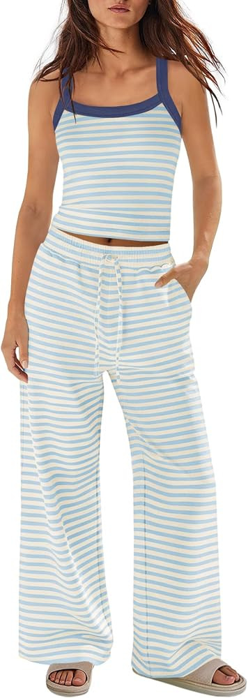 Panadila Womens Two Piece Sets Summer Striped Lounge Set Spaghetti Strap Tank Top Drawstring Pant... | Amazon (US)