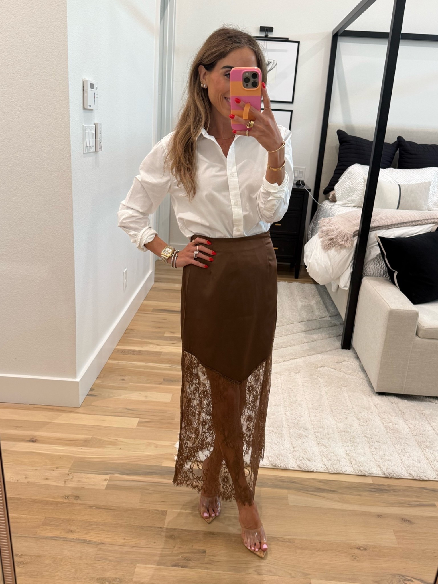 A fun fall outfit idea wearing this brown lace skirt that fits petites and  white button down shirt! Wearing xs

#LTKPetite #LTKOver40 #LTKootd