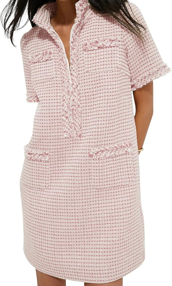 COZYPOIN Womens Tweed Mini Dress Elegant Front Half Zipper Short Sleeve Casual Work Straight Tube... | Amazon (US)