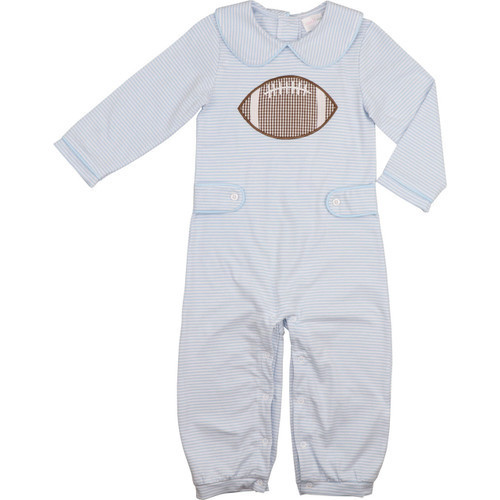 Blue Knit Stripe Applique Football Long Romper | Cecil and Lou