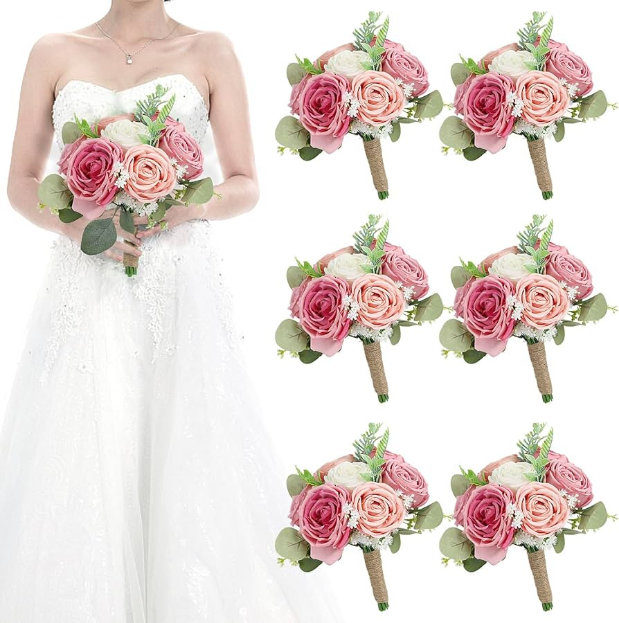 Set of 6 Wedding Bridesmaid Bouquets - 7 Inch Artificial Flowers Bouquets for Ceremony Anniversar... | Amazon (US)