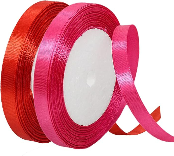 2 Rolls Red Hot Pink Ribbon, 3/8 Inch x 50 Yards Satin Fabric Ribbon for Flower Bouquets, Gift Wr... | Amazon (US)