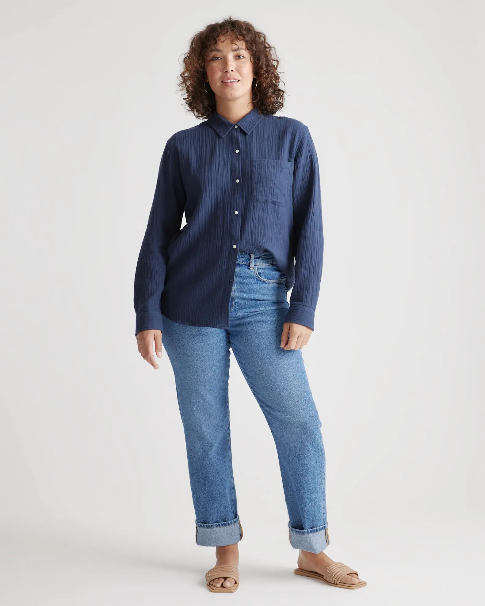 100% Organic Cotton Gauze Long Sleeve Shirt in Indigo Blue | Quince