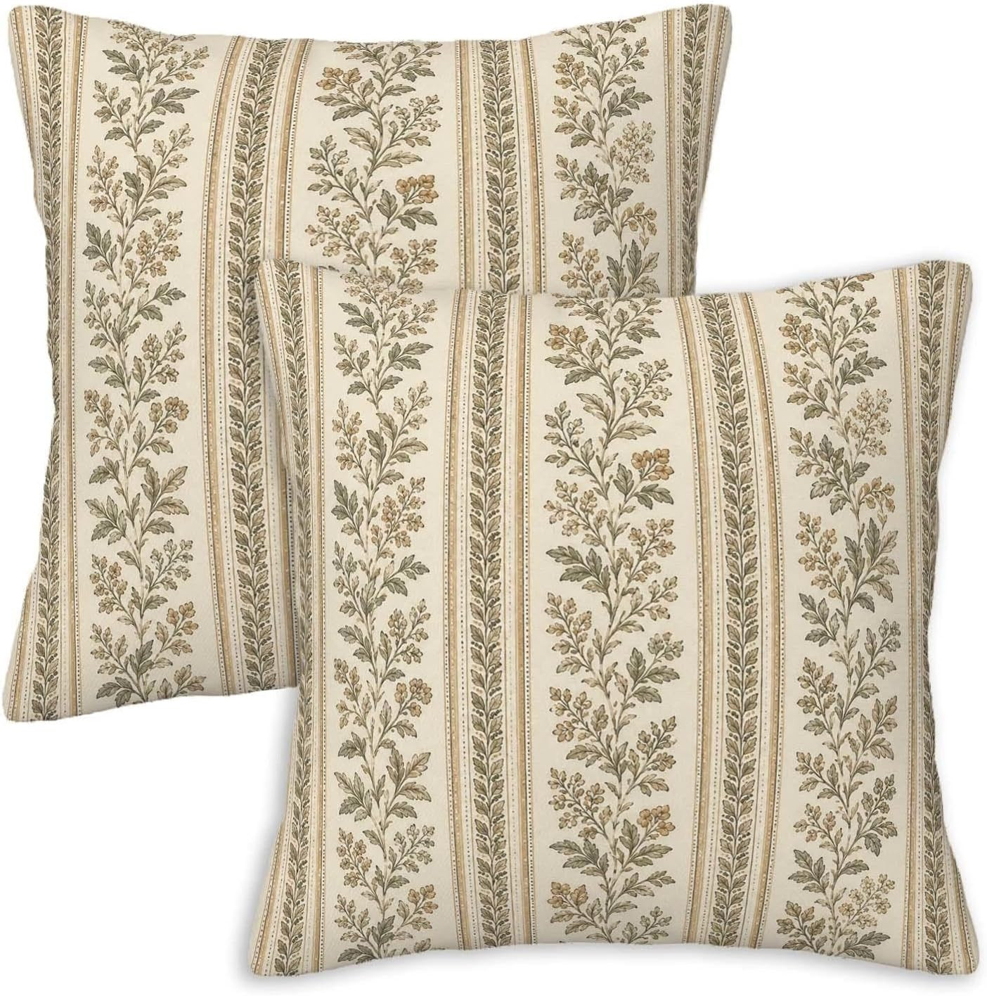 Striped Floral Throw Pillow Covers 18x18 Set of 2, Neutral Botanical Decorative Pillow Cases for Couch Sofa Bed Living Room Traditional Home Decor | Amazon (US)