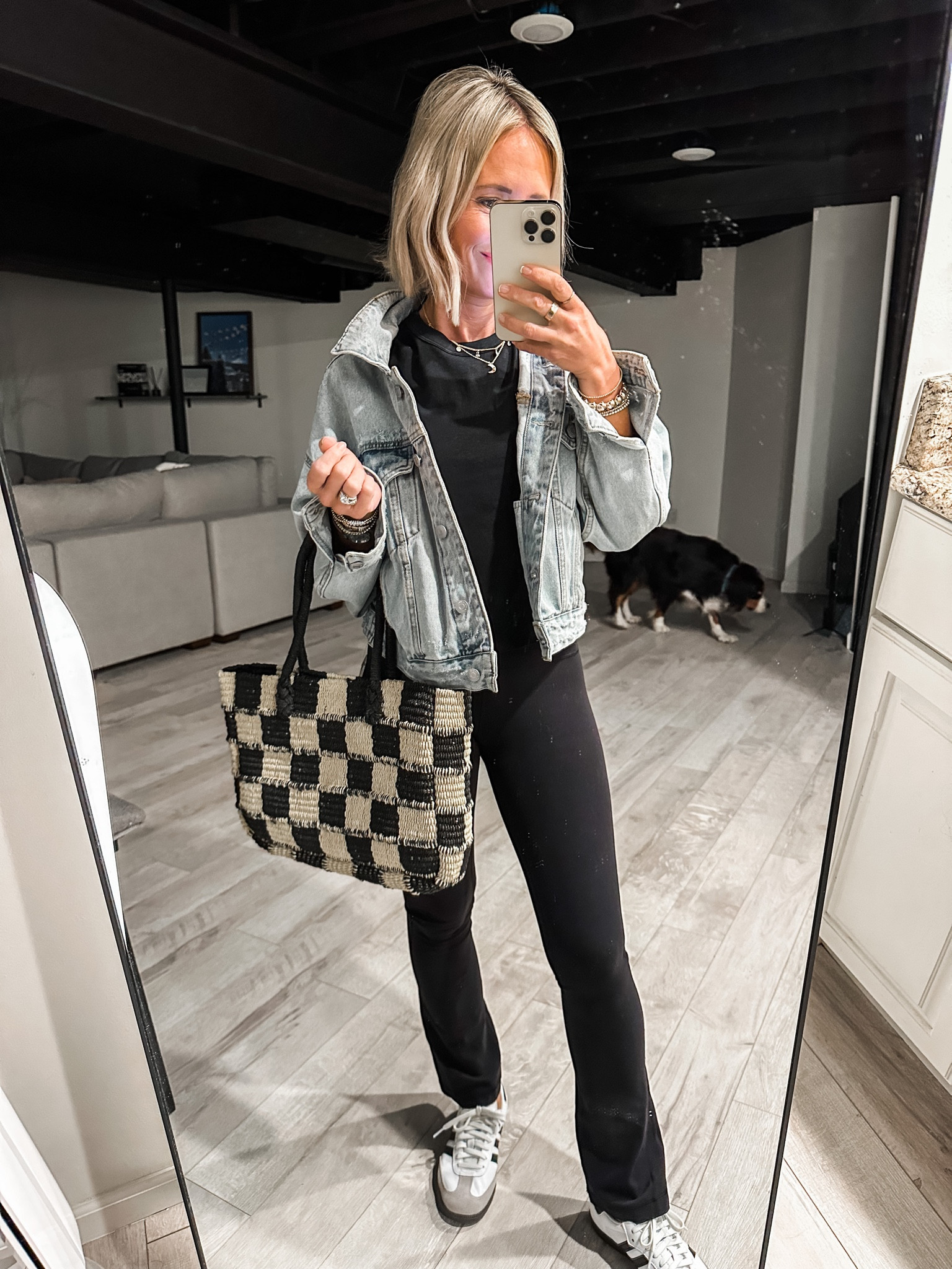 Lululemon 
High rise mini flare leggings
Cropped tee
Jean jacket
Sambas, Straw tote,
Mom on the go style
Tote on sale with code shopearly

#LTKshoecrush #LTKitbag #LTKstyletip