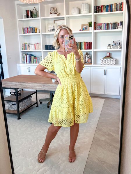 Yellow eyelet dress - size small (does come in other colors).
* heels - tts. 
* also lining my purse that I wore  

#LTKFindsUnder50 #LTKSeasonal #LTKOver40