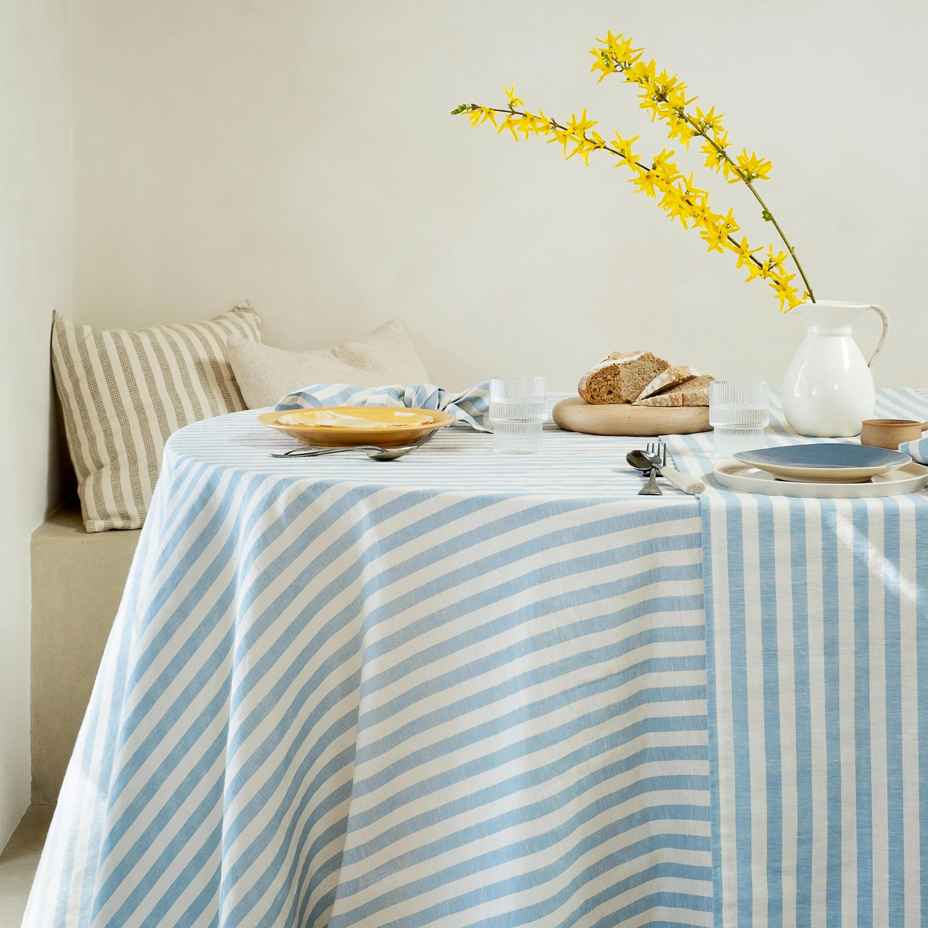 Coastal Blue Pembroke Stripe Linen Blend Tablecloth | Piglet