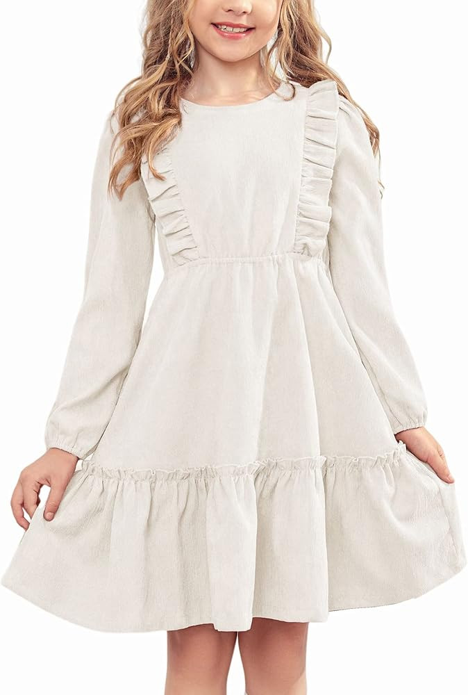 Arshiner Girls Dresses Casual A-line Ruffled Button Long Sleeve Corduroy Swing Dress | Amazon (US)