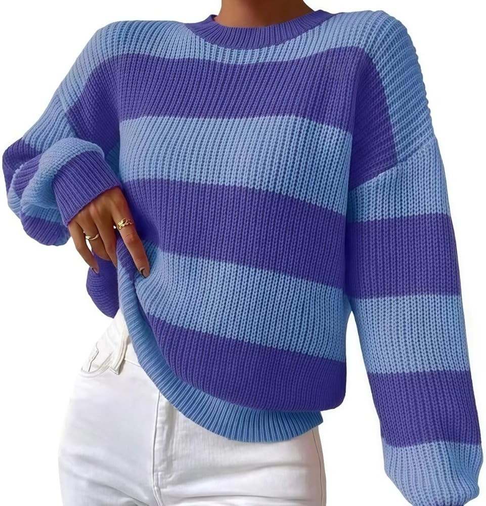 Women Stripe Graphic Sweater Warm Comfort Oversized Knit Pullover Sweater | Amazon (US)