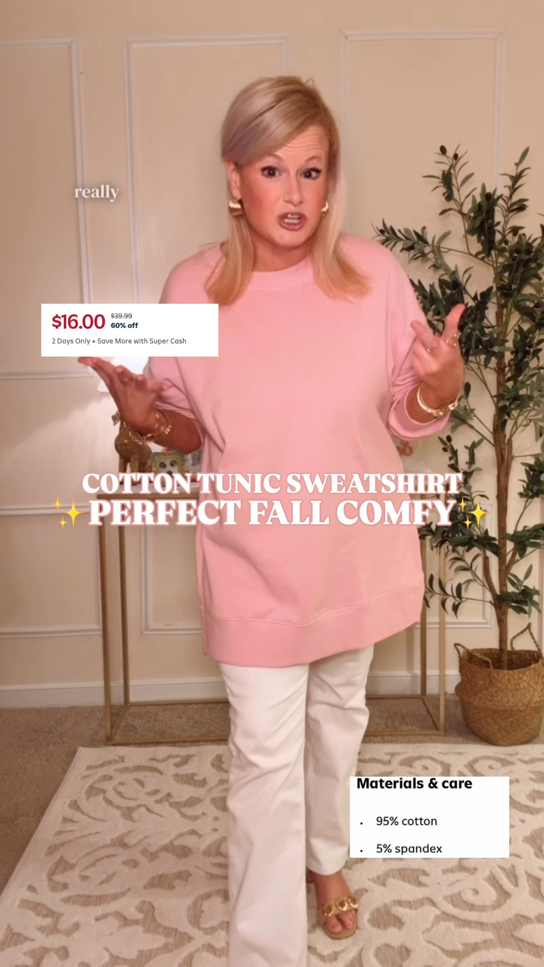 Old Navy sweatshirt | tunic sweatshirt | cozy fall layers | oversized sweatshirt | fall outfit

Old Navy has the SoComfy Relaxed Tunic Sweatshirt for $16 today, and this is exactly the length I want when leggings enter the conversation again.

It is a lightweight soft brushed fleece made from 95% cotton and 5% spandex, with a crew neckline, drop shoulders, ribbed trim, side vents, and a longer stepped hem. Cozy and oversized. 

Love an oversized fit. A medium would have given me plenty of room too, so stay true to size unless you want it extra roomy.

Available in 5 colors, plus regular, petite, and tall sizing.

The longer tunic silhouette makes it an easy fall layer for leggings outfits, workout outfits, gym outfits, walking outfits, travel days, school drop off, errands, lounging, football weekends, and every day when comfort is getting the final vote.

A mostly cotton sweatshirt, a genuinely useful length, and $16. Old Navy understood the early fall assignment.

Old Navy sweatshirt, Old Navy finds, Old Navy sale, Old Navy fashion, SoComfy sweatshirt, tunic sweatshirt women, cotton sweatshirt women, oversized sweatshirt, relaxed fit sweatshirt, long sweatshirt for leggings, sweatshirt with side slits, stepped hem sweatshirt, pink sweatshirt women, cozy sweatshirt, fall sweatshirts women, fall layers women, early fall outfits, fall outfit ideas, casual fall outfits, leggings outfit, workout outfit women, gym outfit women, walking outfit women, athleisure outfit, travel outfit women, airport outfit, lounge outfit women, cozy clothes women, petite sweatshirt, tall sweatshirt women, designer look for less, affordable fall fashion

#LTKFindsUnder50 #OldNavy #FallOutfits #Athleisure #WorkoutOutfit #CozyStyle #FallLayers #GymOutfot

#LTKActive #LTKTravel #LTKSaleAlert