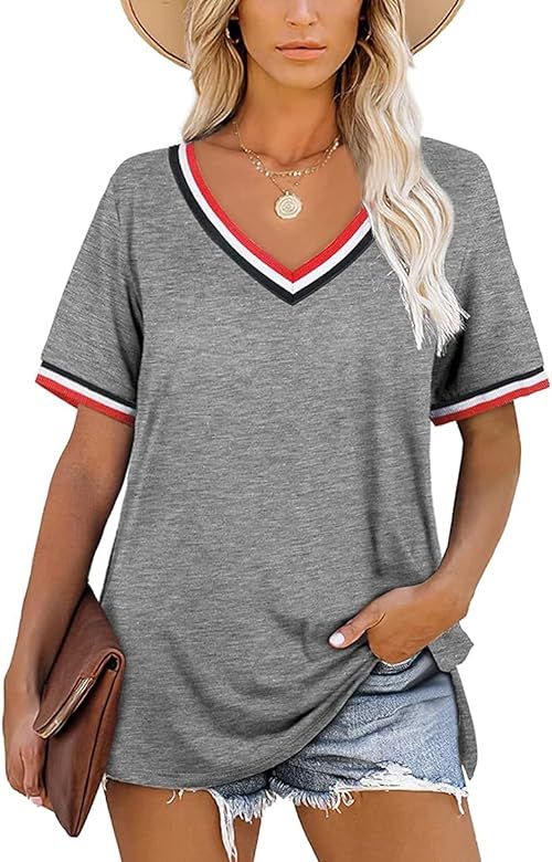 Locryz Womens Summer T Shirts Loose Casual V Neck Tops Side Split Short Sleeve Tee Shirts | Amazon (US)