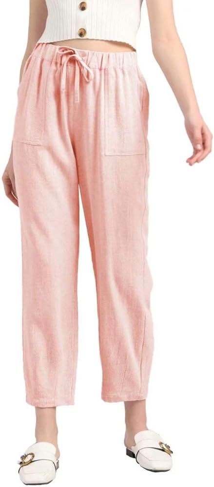 Women's Linen Cropped Pants Soft Cotton Drawstring Elastic Waist Pants S-5XL | Amazon (US)