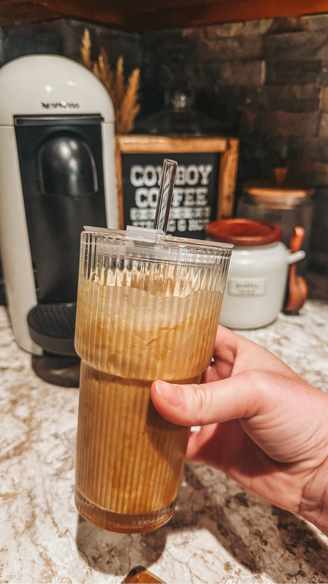 Sleeping in & iced coffee! 🫶🏻 Back on my iced coffee kick with all this nice weather we’ve been having! 🙌🏼🤎 #icedcoffee #icedcoffeeathome #morningroutine #westernhome #barndominiumliving 

#LTKValentine #LTKmorningroutine #LTKdayinmylife