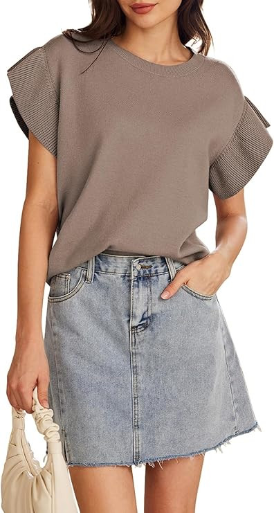 Pink Queen Women's Crew Neck Ruffle Edge Sleeves Loose Oversized Knit Pullover Sweater Jumper Top... | Amazon (US)