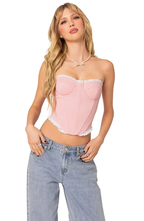 EDIKTED Tempting Texture Ruffle Hem Corset Top in Light-Pink at Nordstrom, Size X-Small | Nordstrom