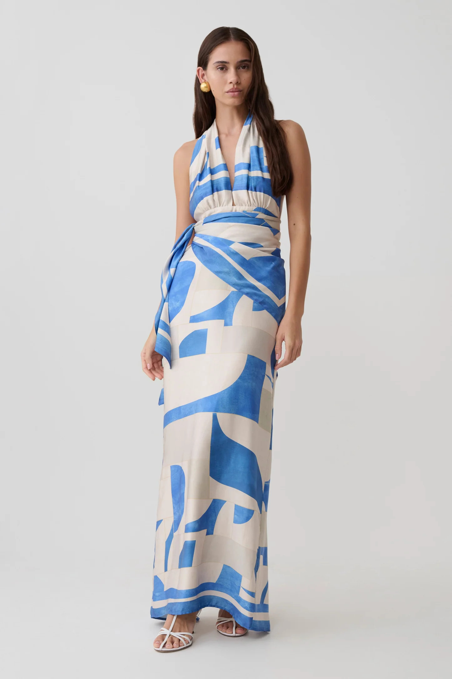 Gianna Satin Halter Maxi Dress - Blue Geo Tile Print | MESHKI US