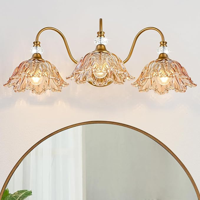 Vintage Bathroom Vanity Light, 3-Light Matte Brass Finish Vanity Light with Flower-Shaped Amber G... | Amazon (US)