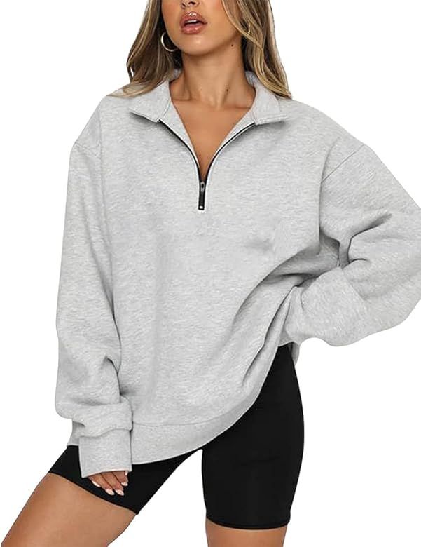 BASQDOV Women's Casual Sweatshirts 1/4 Zipper Long Sleeve Fall Top Oversized Pullover Tunics Teen... | Amazon (US)