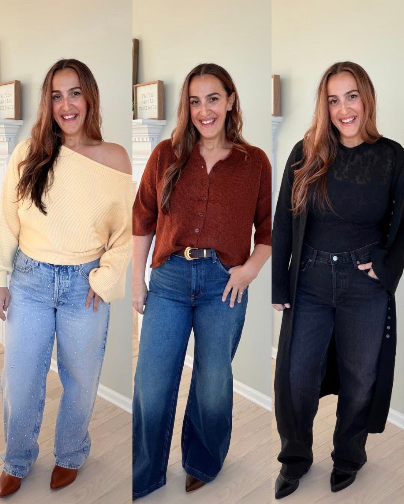 3 ways to still wide leg jeans this fall and winter! 
Medium in yellow and black top.
Sized down to small in brown.
Rhinestone and black jeans are an 8, they run roomy.
Middle jeans are 29.

#LTKSeasonal #LTKOver40 #LTKFindsUnder50
