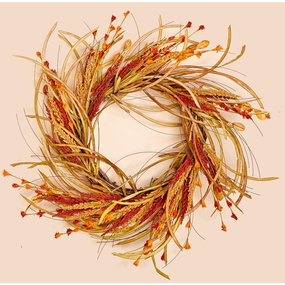 22 in. Fall Grass and Flower Wreath | The Home Depot